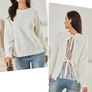 Boutique Textured Crewneck Sweater Back Lace